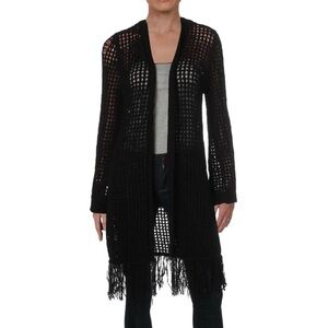 BCBG Maxazria | Black Long Open Front Crochet Festival Cardigan Fringe Hem Large